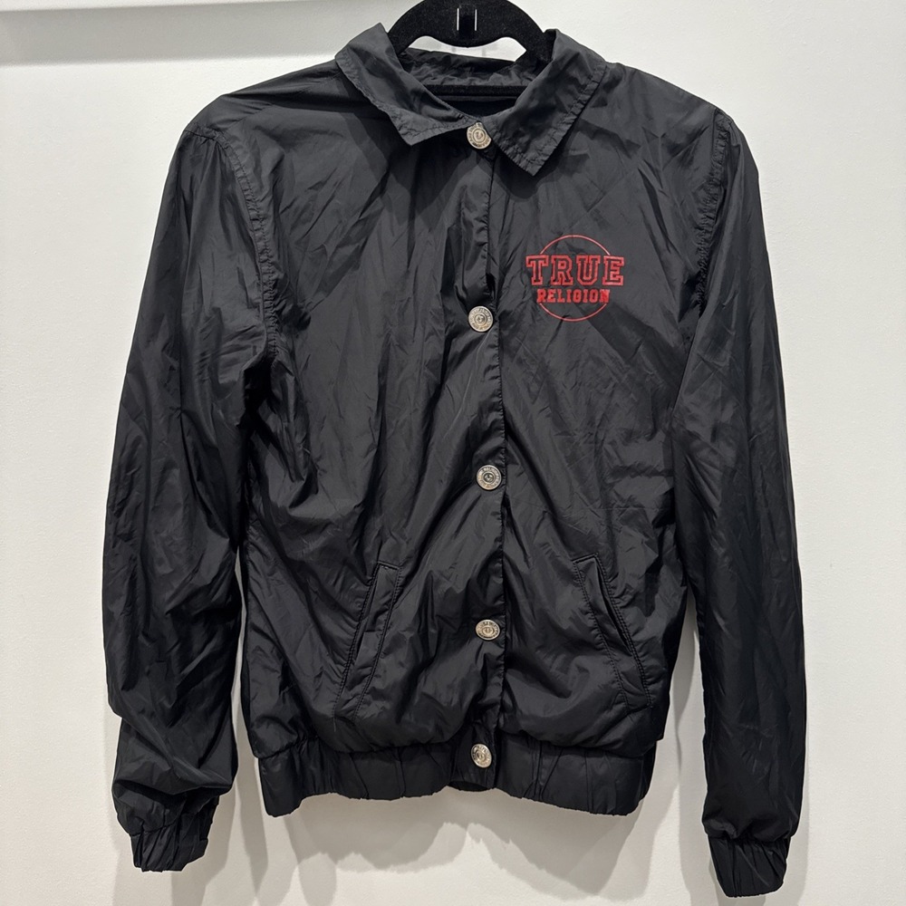 VTG Y2K True Religion Bomber Coaching Jacket Womens XS Black Lightweight
